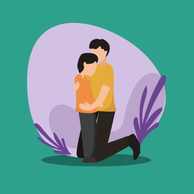 Simple Vector illustration drawing of young happy daddy hugging his lovely son full of warmth at home vector illustration. Parenting education concept. Modern design vector illustration