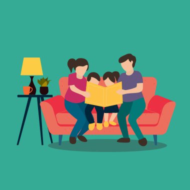 Simple Vector illustration drawing of young happy father and mother siting on the sofa to read a story book to their kids together vector illustration. Parenting education concept. Modern design