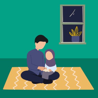 Simple Vector illustration drawing of Asian Muslim father reading Quran with his daughter with a happy smile together. Muslim parenting concept. father and daughter. Modern design vector illustration