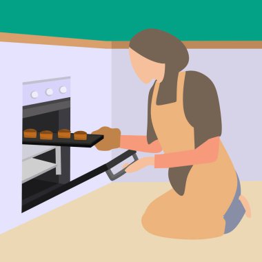 Vector of Young Islamic Housewife In Hijab And Apron Baking Muffins In Kitchen, Taking Tray With Hot Cupcakes Out Of Oven, Millennial Muslim Woman In Headscarf Enjoying Cooking At Home, Closeup Shot