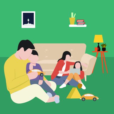 Creative Vector illustration drawing of family spending weekend at home playing on the floor, mother playing laptop with a daughter,father playing with son. Design Illustration Vector
