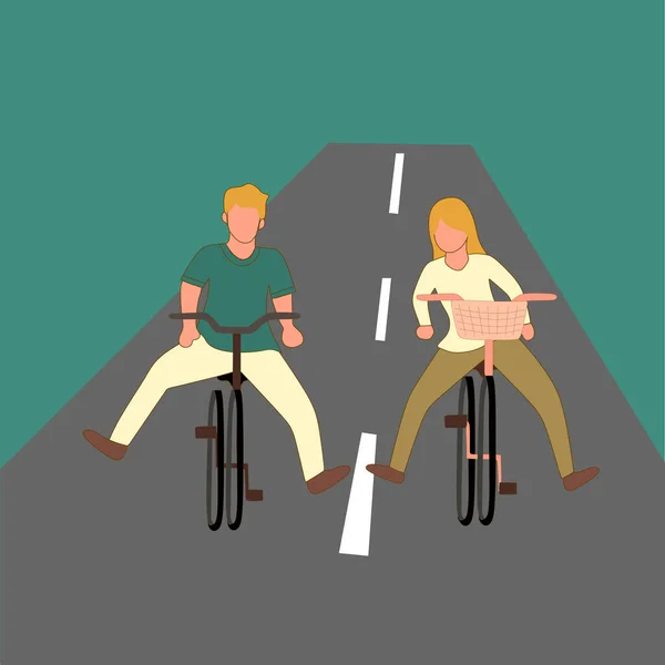 Simple Vector illustration drawing happy funny young couple riding on a bicycle. Romantic teenage couple ride bike. Young man and woman in love. Happy married couple.Modern design vector illustration