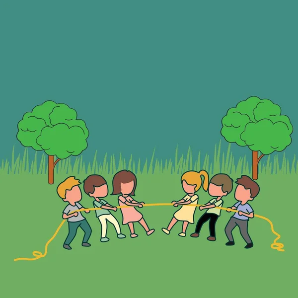 Simple Vector illustration about a group of children playing tug of war. Kids playing tug of war at the park. Girls and boys pull rope, outdoor child games. line art modern design vector illustration