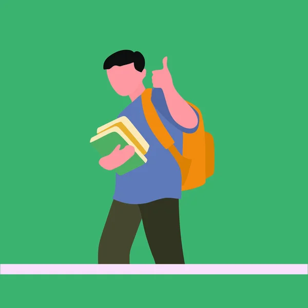 Simple Vector illustration drawing of young happy elementary school boy student carrying a stack of books and giving thumbs-up gesture. Education concept Modern design vector illustration