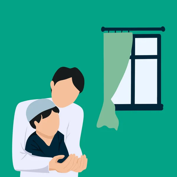 Simple Vector illustration drawing of Religious Asian Muslim Man teaching his little son to pray to God with rosary at home. Peaceful and Marvelous warm climate. Modern design vector illustration