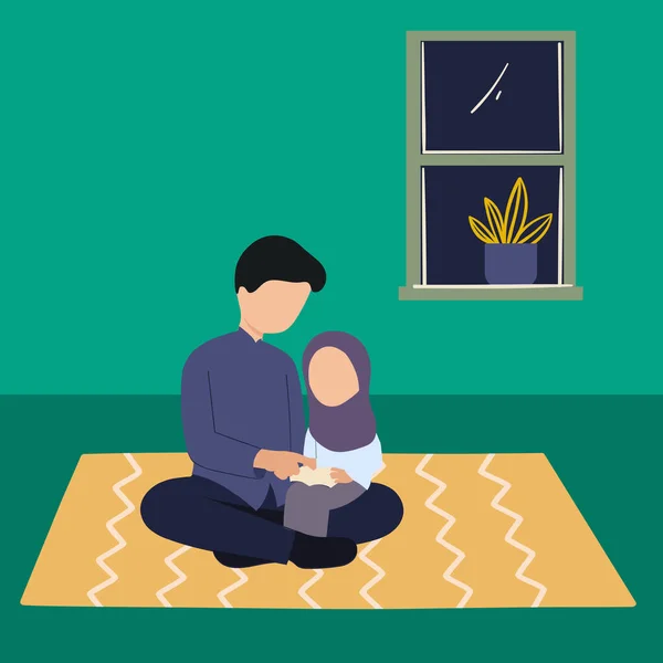 Simple Vector illustration drawing of Asian Muslim father reading Quran with his daughter with a happy smile together. Muslim parenting concept. father and daughter. Modern design vector illustration