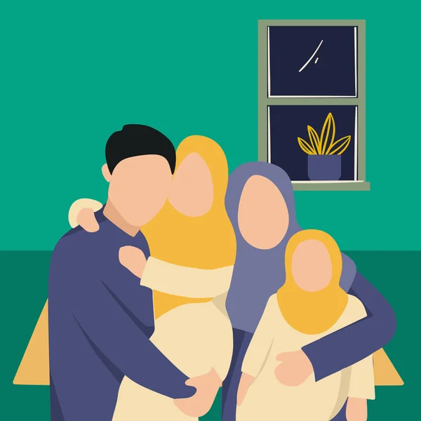 Simple Vector illustration drawing of beautiful muslim family smiling to camera. ramadan concept at home. Eid at home with family. Muslim happy family. Modern design vector illustration
