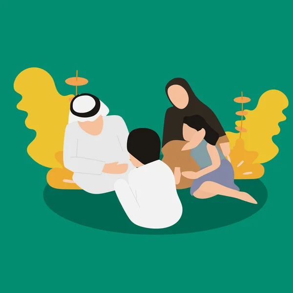 Simple Vector illustration drawing of happy Arabic Muslim family, chatting in the living room, laughing happily. quality time with the family concept. Modern design vector illustration