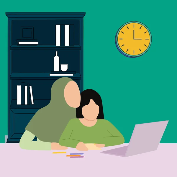 Simple Vector illustration drawing of Loving Muslim Mom Helping Her Little Daughter To Study With Laptop At Home, Cute Child And Islamic Mother Sitting Together And Looking At Computer Screen.