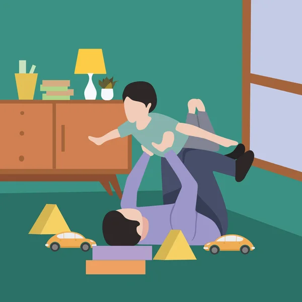 Creative Vector illustration drawing of Joyful young man father lying on the carpet floor, lifting excited happy little child son at home.practicing acro yoga in pair in the living room. Modern Design