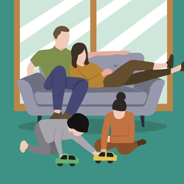 Creative Vector illustration drawing of Children sister and brother playing drawing together on floor while young parents relaxing at home on sofa, little boy girl having fun. Modern Design