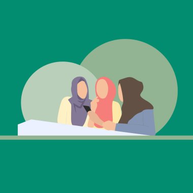 Simple Vector illustration drawing of three young women are stalking the hot news, discussing while looking at their cellphones. Discussion with friends concept. Modern design vector illustration