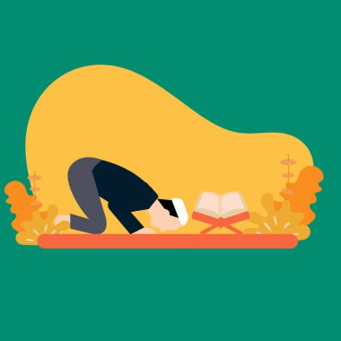 Simple Vector illustration drawing of Asian Muslim Man Making Traditional Prayer To God While Wearing Dishdasha. Prostrate to Allah SWT very solemnly in front of the open Qur'an. Modern design vector