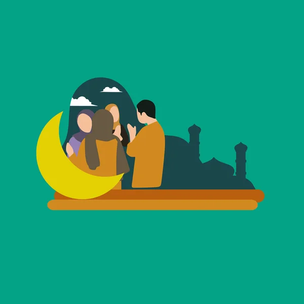 Simple Vector illustration drawing of Muslim friends and family who visit the house and greet each other embrace the Eid Mubarak celebration. Modern design vector illustration