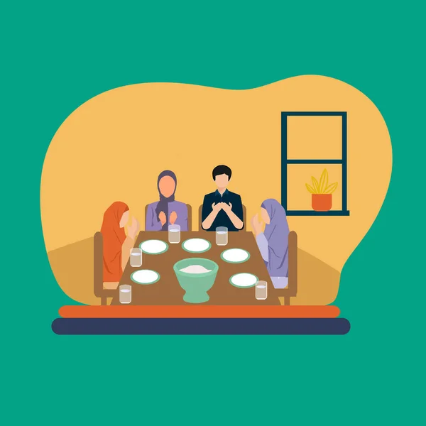 Simple Vector illustration drawing of Asian Muslim people praying before having their food in the dining room together for breakfasting. happy waiting for iftar time with family. Modern design vector