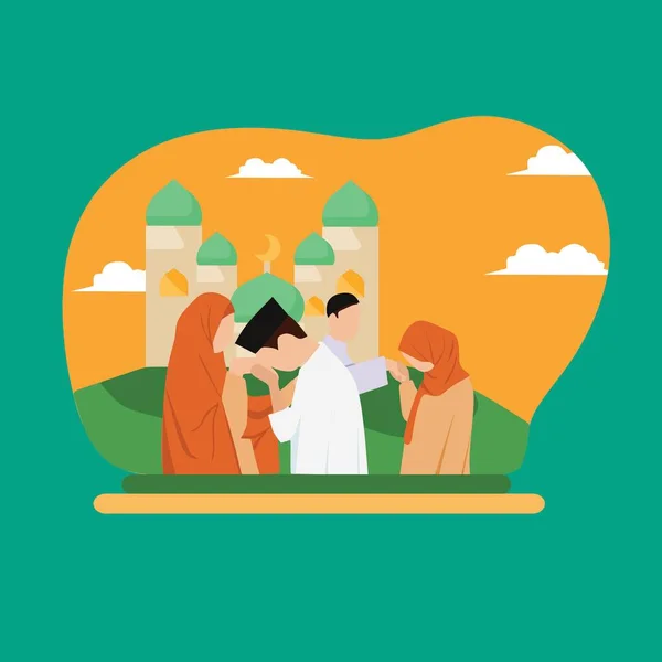 Simple Vector illustration drawing of Image of Muslim families forgive each other, sons to mother, father daughters. Back Fitri on Eid Mubarak. Happy Eid Al-Fitr. Modern design vector illustration