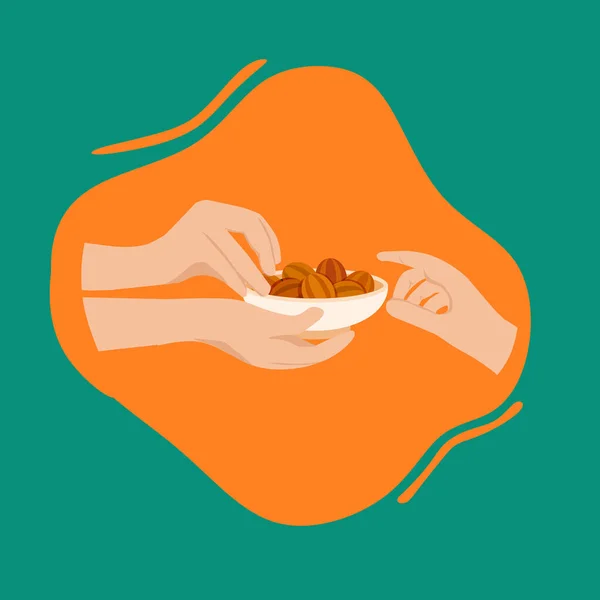 Simple Vector illustration drawing of Eid Mubarak Muslim family having Iftar dinner eating dates to break feast. Eating traditional food during Ramadan feasting month at home. The Islamic Halal Eating