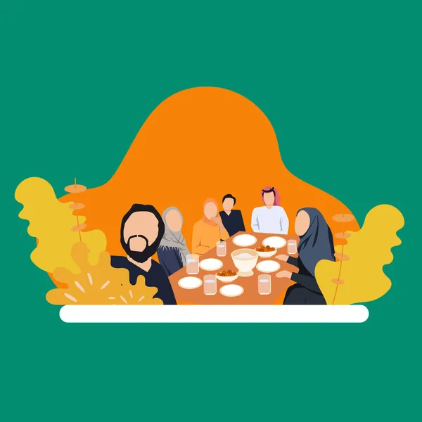 Simple Vector illustration drawing of Eid Mubarak Muslim family having Iftar dinner taking pictures with mobile phone while eating traditional food during Ramadan feasting month at home. Modern Design