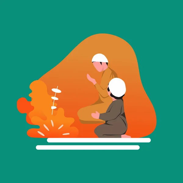 Simple Vector illustration drawing of Muslim boy learning how to make Dua to Allah. father's education for his son. happy muslim family. Modern design vector illustration