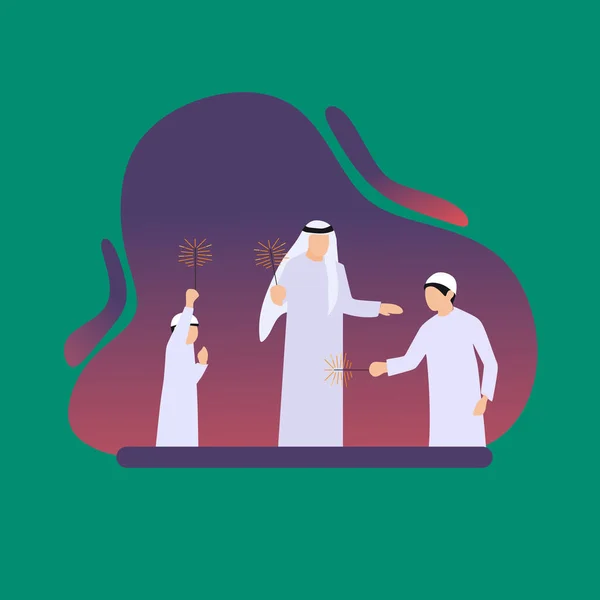Simple Vector illustration drawing of An Arabic family enjoying the sparkle of the festivity during the festival celebration. playing fireworks with family concept. Modern design vector illustration