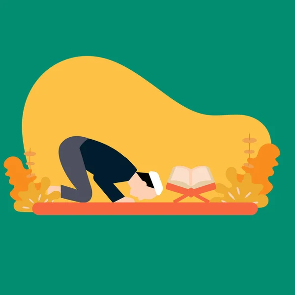 Simple Vector illustration drawing of Asian Muslim Man Making Traditional Prayer To God While Wearing Dishdasha. Prostrate to Allah SWT very solemnly in front of the open Qur'an. Modern design vector