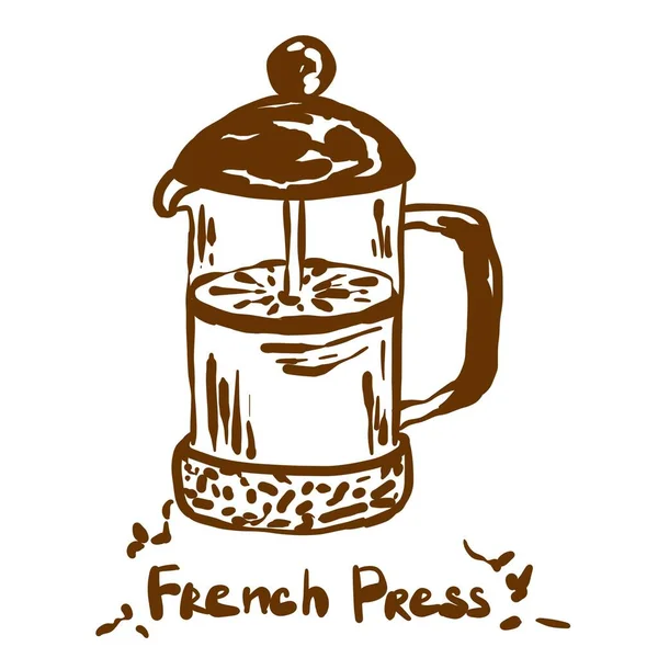 Ilustração Doodle Desenhado Mão Máquina Café Imprensa Francesa Num Fundo — Vetor de Stock