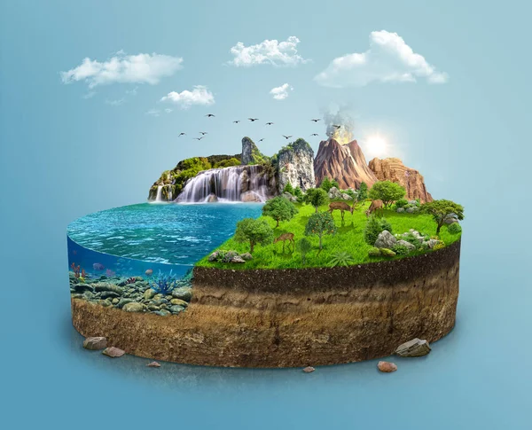 3d illustration of isometric land with beautiful blue ocean and green forest with trees and animals. piece of land with beautiful landscape and mountain, waterfall, blue sea. travel and tourism ads.