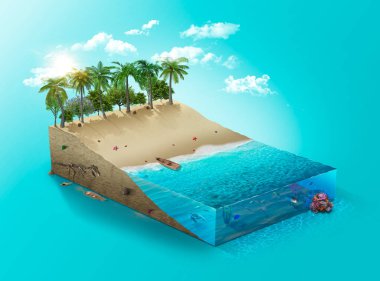 3D izometrik plaj, suyu ve palmiyeleri olan tropikal adanın huzuru. seyahat ve tatil geçmişi.
