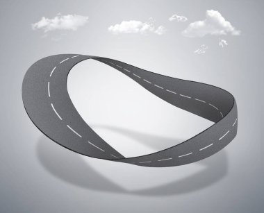 Yüzen daire yol tasarımının 3 boyutlu çizimi. bulutlarla izole edilmiş yaratıcı konsepte sahip asfalt yol ya da yarış pisti.