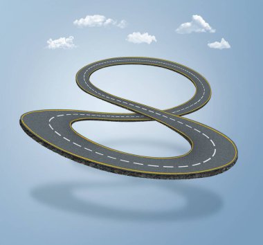 Sonsuzluk sembolü yolunun 3 boyutlu çizimi. Bulutlarla izole edilmiş sonsuz yol çizimi.