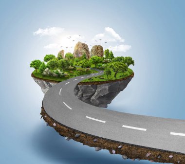 İzole edilmiş güzel manzaralı 3D yol çizimi. Seyahat ve tatil yolu reklamı. Yol ve otoyol reklamları