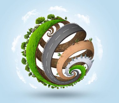 Toprak küresi şekilli 3D otoyol tasarımı (şehir yolu, çöl yolu, orman yolu ve karlı yol) dahil. bulutlarla izole edilmiş yaratıcı konsept tasarımı. araba reklamları.