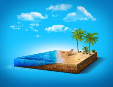 Su, kum, palmiyeler ve balıklarla dolu üç boyutlu izometrik bir ada. Küp plajının bulutlarla izole edilmiş üç boyutlu çizimi. seyahat ve tatil geçmişi.