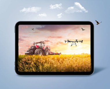 Akıllı tarım tasarımı traktör ve drone suyu ekinlere püskürtüyor. 3D illüstrasyon Dijital Çiftlik Tasarımı, güzel çiftlik çayırı ve bulutlarla izole arazi manzarası.