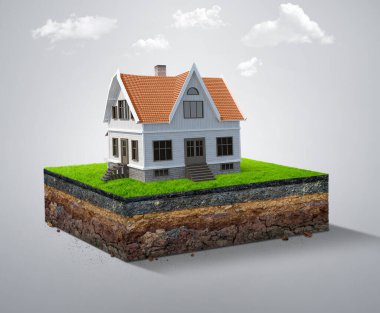 İzometrik arazide çimenli evin üç boyutlu çizimi. Toprak kesitli 3D kesit alanı. ev ve otel rezervasyon konsepti bulutlarla izole edilmiş gerçekçi tasarım.