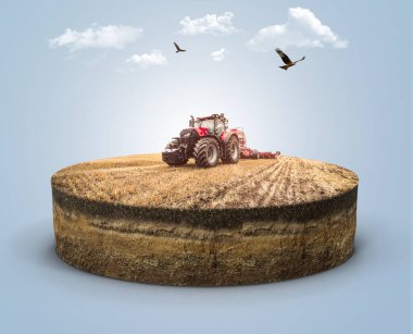 Üç boyutlu izometrik tarım arazisi ve traktör hasat ediyor. Buğday çiftliğinin traktör ve bulutlarla izole edilmiş bir kesiti. Güzel bir çiftlik manzarası. akıllı tarım reklam tasarımı izole edildi.