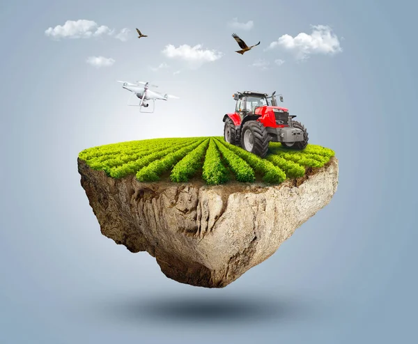 3d illustration of smart farming concept, tractor on a floating piece of land with farm meadow and crops. farm rural on a flying island, digital farming concept 3d design with clouds and birds.