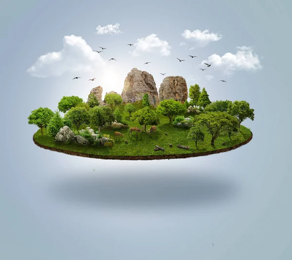 3d illustration of fantasy floating island surface with mountains, trees, and animals on green grass isolated with clouds, sunrise. 3d illustration of flying land with beautiful land scape.