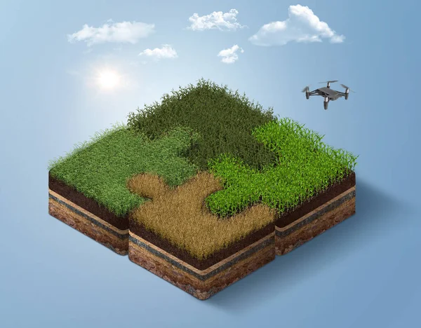 3D illustration of isometric of farm crops shaped like puzzles. beautiful 3d farm with crops and drone, smart farming concept design isolated with clouds. farm meadow of wheat and corn harvest plants.