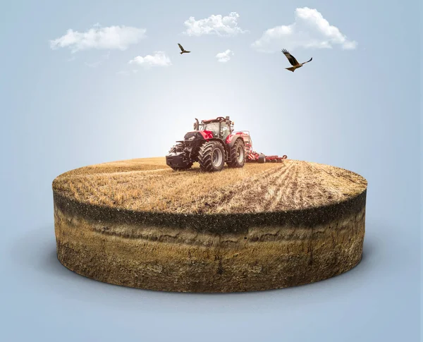 3D isometric piece of farm land with tractor harvesting crops. cross section of wheat farm isolated with tractor and clouds. beautiful farm landscape view. smart farming advertising design isolated.