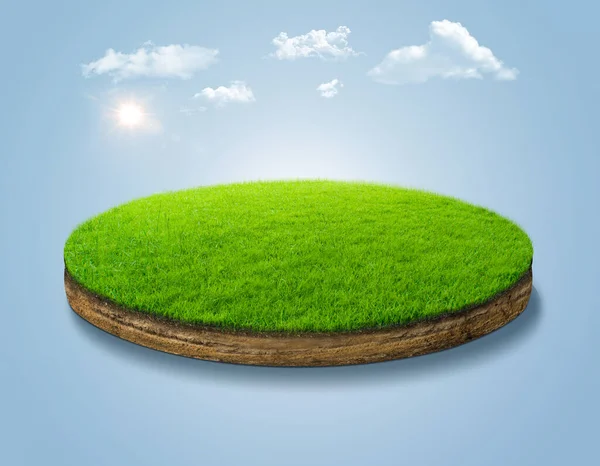 3D isometric, round slice of grass field with soil section and clouds. piece of land with green grass surface isolated. fresh environment and travel, tourism concept 3D illustration creative design.