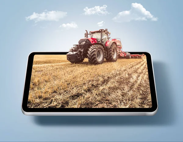 3d illustration of farm land with tractor on floating tablet screen isolated with clouds. wheat farm beautiful meadow, landscape view. smart farming concept, website and app advertising design.