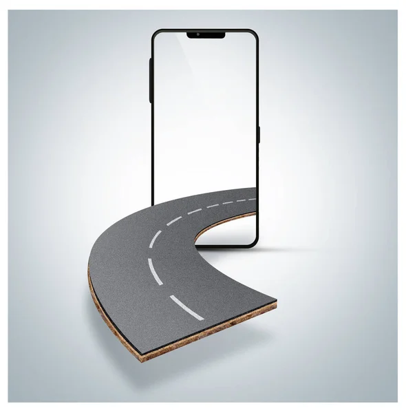 3D illustration of realistic road coming out of smartphone isolated on white background. curved highway road in the mobile, isolated road background app and web design on white abstract background.