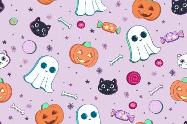 Tatlı kurabiyelerden esinlenmiş şirin Cadılar Bayramı kusursuz deseni. Şeker yıldızlı lolipoplu pembe desenli şaka mı şeker mi? Bebek ya da çocuk ürünleri, kumaş, ambalaj ya da herhangi bir kutlama ürünü için mükemmel karikatür retro tarzı orijinal vektör çizimleri.