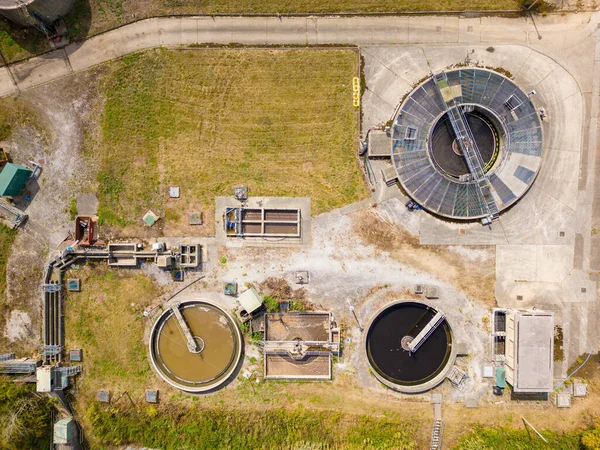Aerial view of Sewage Water Treatment Facility in Arthington. Water treatment centre run by Yorkshire Water.
