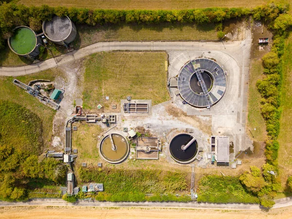 Aerial view of Sewage Water Treatment Facility in Arthington. Water treatment centre run by Yorkshire Water.