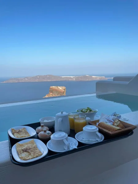 Breakfast Santorini View — Zdjęcie stockowe