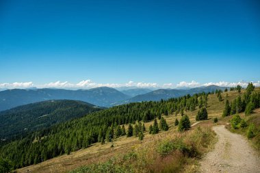 Panorama view of scenic hiking trail on Mt. Gerlitzen with perfect weather.