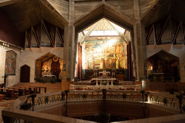 Interior of the Basilica of the Annunciation in Nazareth with a frontal shot of the altar of the church.