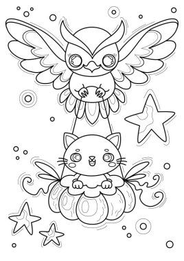 Kedi ve baykuşlu boyama sayfası, elle çizilmiş vektör çizimi.